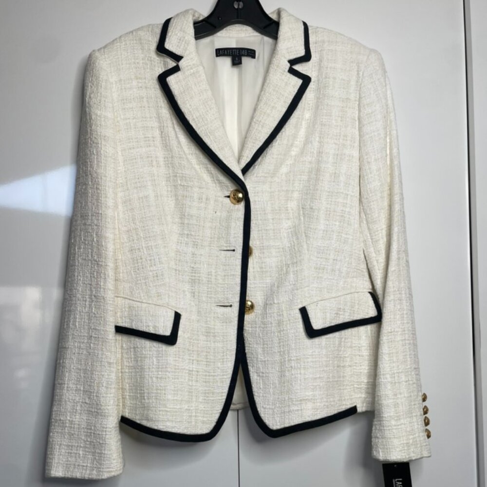 Lafayette 148 New York Cream Tweed Blazer - Gold Buttons, Contrast Trim - Size 6
